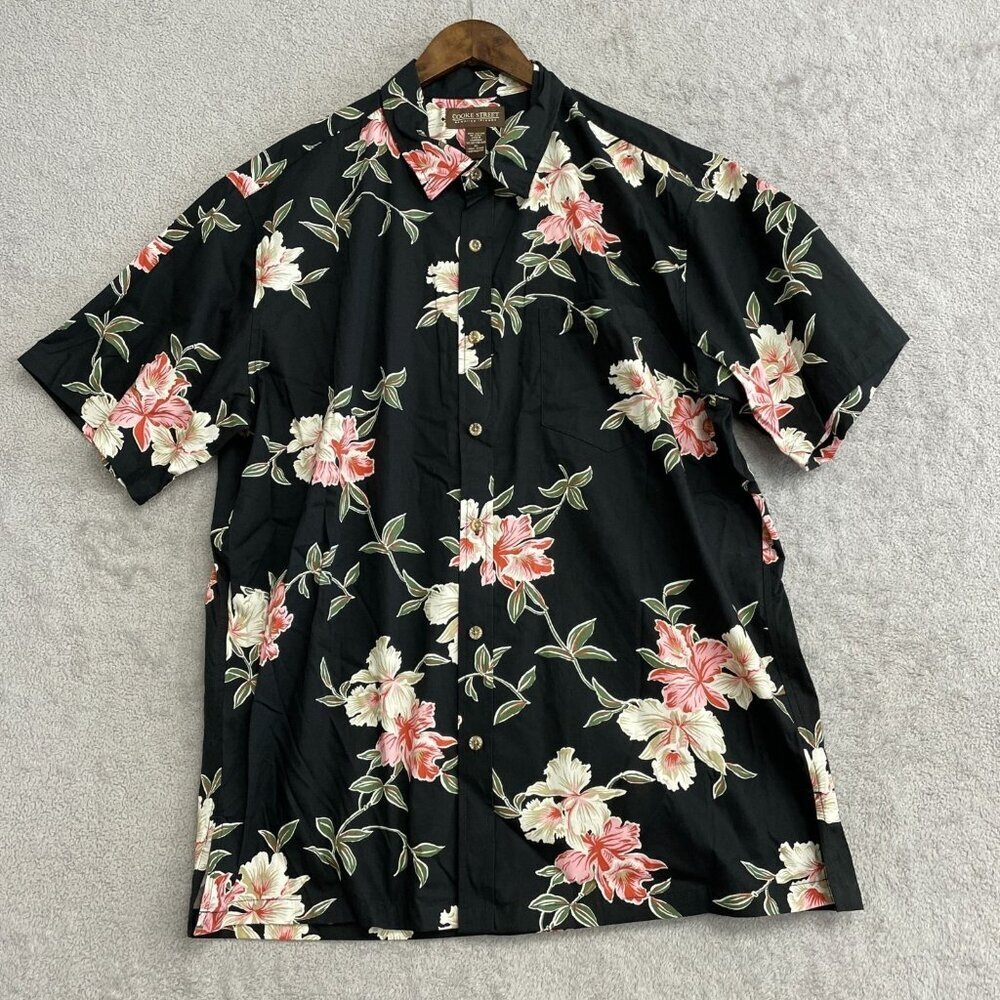 Cooke Street Men's XL Hawaiian Floral Print Short Sleeve Button Up Black N0695